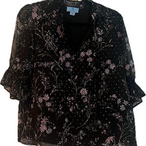 CeCE Elbow Sleeve Open Collar Floral Blouse - Size Medium